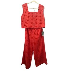 NWT Resortwear 2-Piece Pink Eyelet Lace Pockets Wide Leg Sz L Coastal Swim Cover